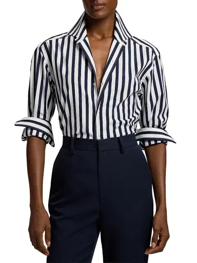Ralph Lauren Collection Women's Capri Striped Cotton Relaxed-Fit Shirt - Icon Navy White | Thumbnail 3