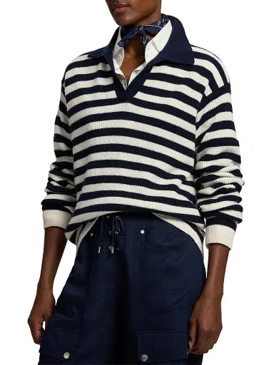 Ralph Lauren Collection Women's Rib-Knit Striped Cashmere Sweater - Icon Navy Cream - Size XS | Thumbnail 4 Ralph Lauren Collection Women's Rib-Knit Striped Cashmere Sweater - Icon Navy Cream - Size XS | Thumbnail 4