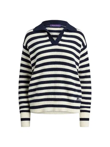 Ralph Lauren Collection Women's Rib-Knit Striped Cashmere Sweater - Icon Navy Cream - Size XS | Thumbnail 1 Ralph Lauren Collection Women's Rib-Knit Striped Cashmere Sweater - Icon Navy Cream - Size XS | Thumbnail 1