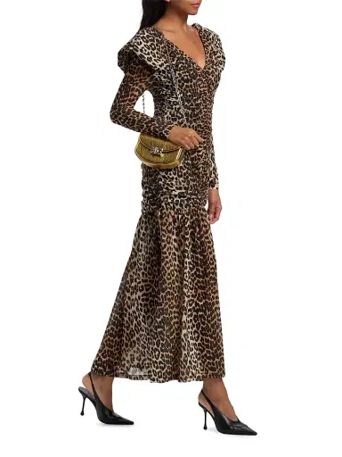 Ganni Women's Ruched Leopard Mesh Maxi Dress - Big Leopard Almond Milk - Size 14 | Thumbnail 2