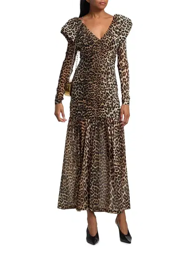 Ganni Women's Ruched Leopard Mesh Maxi Dress - Big Leopard Almond Milk - Size 14 | Thumbnail 3