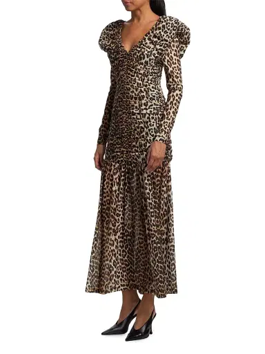 Ganni Women's Ruched Leopard Mesh Maxi Dress - Big Leopard Almond Milk - Size 14 | Thumbnail 4
