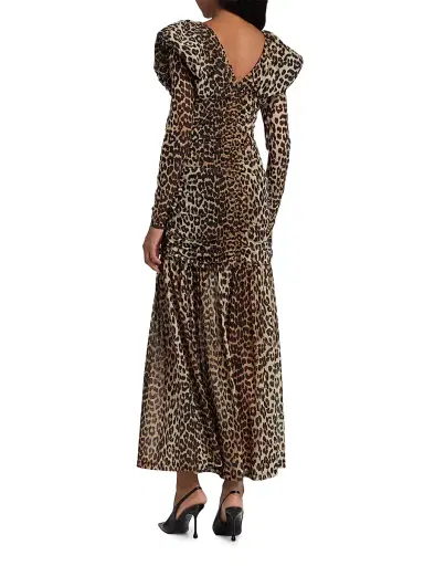 Ganni Women's Ruched Leopard Mesh Maxi Dress - Big Leopard Almond Milk - Size 14 | Thumbnail 5
