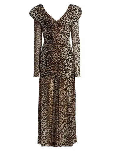 Ganni Women's Ruched Leopard Mesh Maxi Dress - Big Leopard Almond Milk - Size 14 | Thumbnail 1