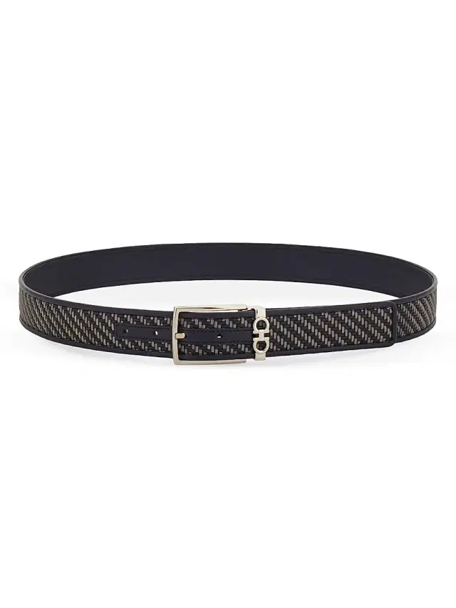 Men's Double Adjustable Woven Leather Belt - New Navy Dark Grey