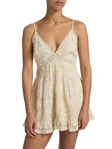 LoveShackFancy Women's Alonna Floral Cotton V-Neck Minidress - Lemon Spritz - Size Large | Thumbnail 3
