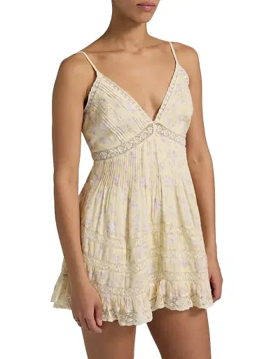 LoveShackFancy Women's Alonna Floral Cotton V-Neck Minidress - Lemon Spritz - Size Large | Thumbnail 4
