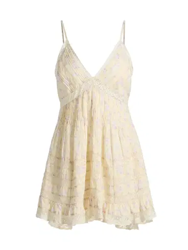 LoveShackFancy Women's Alonna Floral Cotton V-Neck Minidress - Lemon Spritz - Size Large | Thumbnail 1