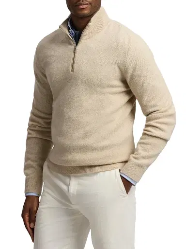 Ralph Lauren Purple Label Men's Birdseye Cashmere Quarter-Zip Sweater - Champagne Melange | Thumbnail 4