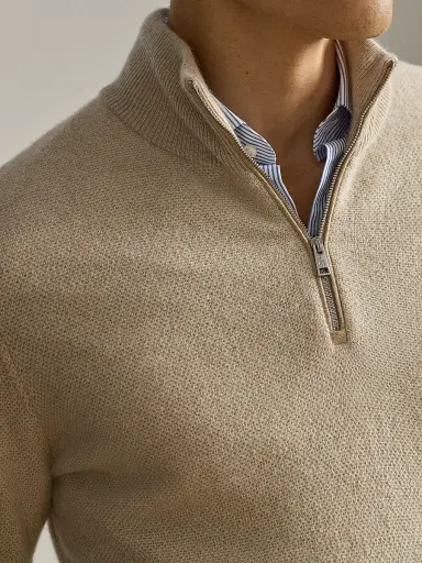 Ralph Lauren Purple Label Men's Birdseye Cashmere Quarter-Zip Sweater - Champagne Melange | Thumbnail 6