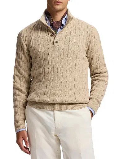 Ralph Lauren Purple Label Men's Cable-Knit Mockneck Cashmere Sweater - Champagne Melange | Thumbnail 3