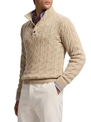 Ralph Lauren Purple Label Men's Cable-Knit Mockneck Cashmere Sweater - Champagne Melange | Thumbnail 4