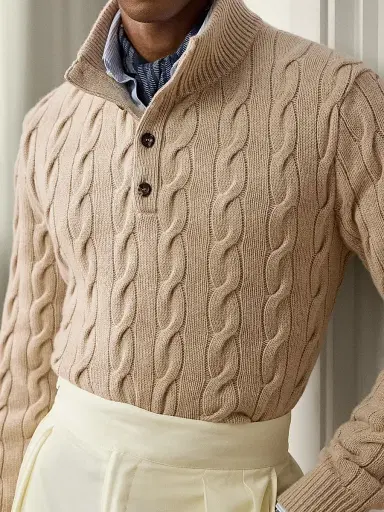 Ralph Lauren Purple Label Men's Cable-Knit Mockneck Cashmere Sweater - Champagne Melange | Thumbnail 6
