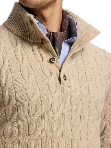 Ralph Lauren Purple Label Men's Cable-Knit Mockneck Cashmere Sweater - Champagne Melange | Thumbnail 7