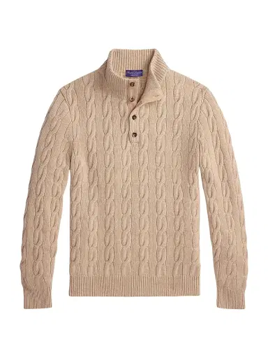 Ralph Lauren Purple Label Men's Cable-Knit Mockneck Cashmere Sweater - Champagne Melange | Thumbnail 1