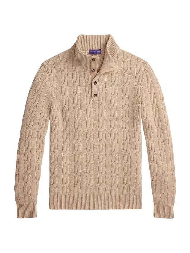 Men's Cable-Knit Mockneck Cashmere Sweater - Champagne Melange