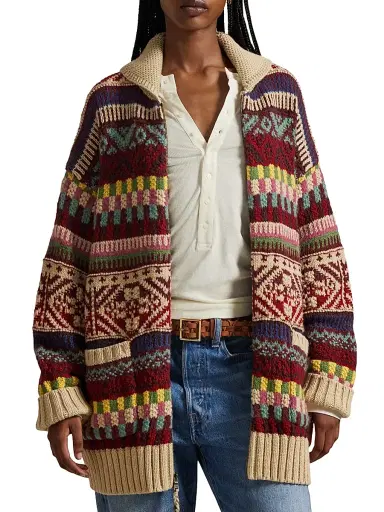 Polo Ralph Lauren Women's Geometric Cotton-Wool Cardigan - Brick Multi | Thumbnail 3