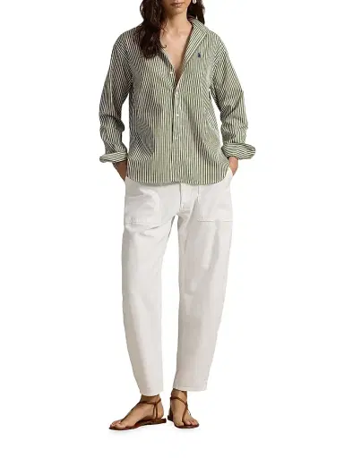 Polo Ralph Lauren Women's Striped Cotton Button-Front Shirt - Supply Olive White | Thumbnail 2