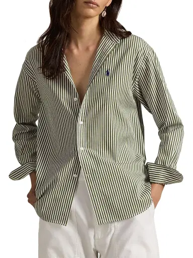 Polo Ralph Lauren Women's Striped Cotton Button-Front Shirt - Supply Olive White | Thumbnail 3