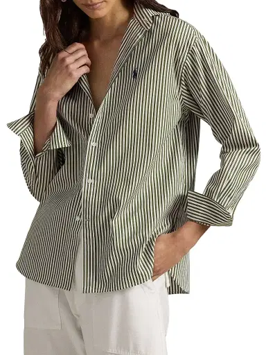 Polo Ralph Lauren Women's Striped Cotton Button-Front Shirt - Supply Olive White | Thumbnail 4