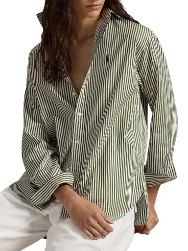 Polo Ralph Lauren Women's Striped Cotton Button-Front Shirt - Supply Olive White | Thumbnail 6