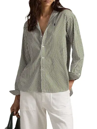 Polo Ralph Lauren Women's Striped Cotton Button-Front Shirt - Supply Olive White | Thumbnail 8
