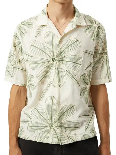 Corridor Men's Textured Floral Appliqué Camp Shirt - Natural | Thumbnail 1 Corridor Men's Textured Floral Appliqué Camp Shirt - Natural | Thumbnail 1