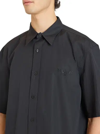 Balmain Men's Logo Embroidered Poplin Short-Sleeve Shirt - Noir | Thumbnail 6 Balmain Men's Logo Embroidered Poplin Short-Sleeve Shirt - Noir | Thumbnail 6