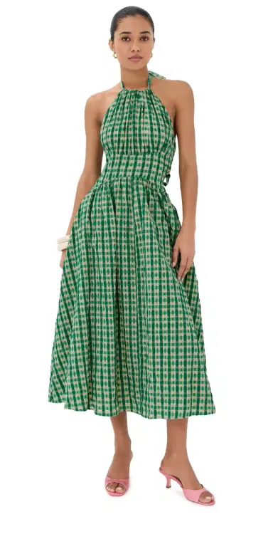 Rosie Assoulin Halter in the Name of Love Dress Green Check | Thumbnail 1 Rosie Assoulin Halter in the Name of Love Dress Green Check | Thumbnail 1
