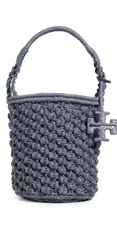 Tory Burch Ella Hand Crochet Popcorn Stitch Bucket Bag Gray One Size | Thumbnail 1 Tory Burch Ella Hand Crochet Popcorn Stitch Bucket Bag Gray One Size | Thumbnail 1