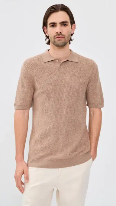 Maison Kitsuné Textured Merino Cotton Short Sleeve Polo Roasted Almond | Thumbnail 2