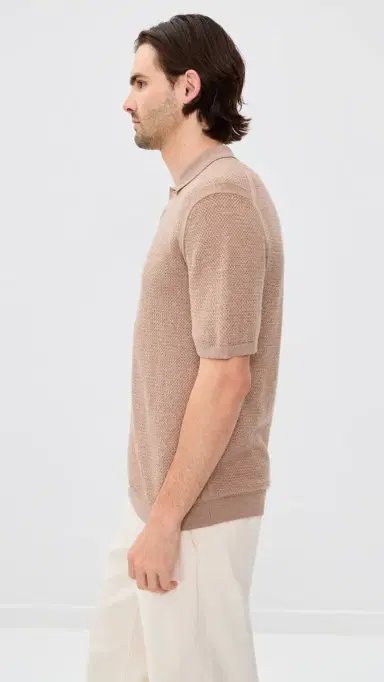 Maison Kitsuné Textured Merino Cotton Short Sleeve Polo Roasted Almond | Thumbnail 4
