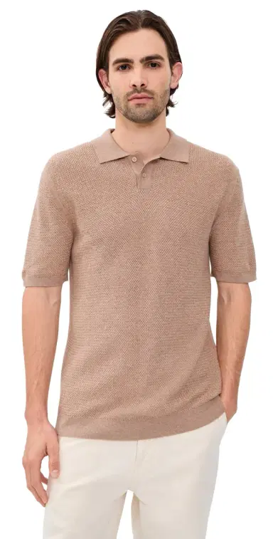 Maison Kitsuné Textured Merino Cotton Short Sleeve Polo Roasted Almond | Thumbnail 1