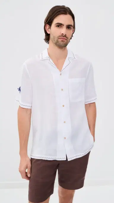 Frescobol Carioca Alves Linen ol E Mar Embroidery Shirt White | Thumbnail 2 Frescobol Carioca Alves Linen ol E Mar Embroidery Shirt White | Thumbnail 2