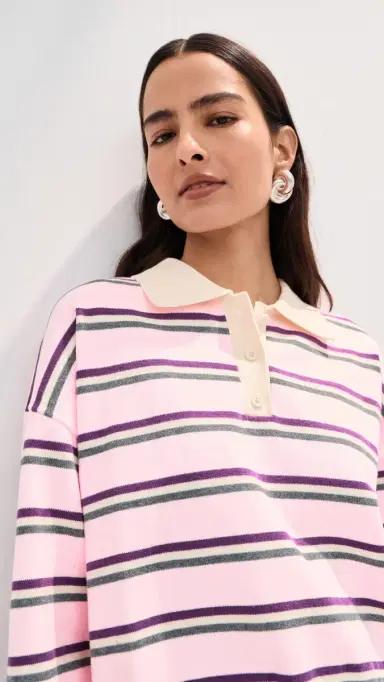LE BOP Zadie Crop Polo Ballet Pink Stripe | Thumbnail 2 LE BOP Zadie Crop Polo Ballet Pink Stripe | Thumbnail 2