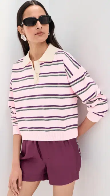 LE BOP Zadie Crop Polo Ballet Pink Stripe | Thumbnail 3 LE BOP Zadie Crop Polo Ballet Pink Stripe | Thumbnail 3