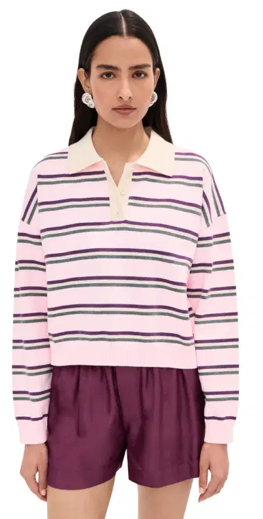 LE BOP Zadie Crop Polo Ballet Pink Stripe | Thumbnail 1 LE BOP Zadie Crop Polo Ballet Pink Stripe | Thumbnail 1