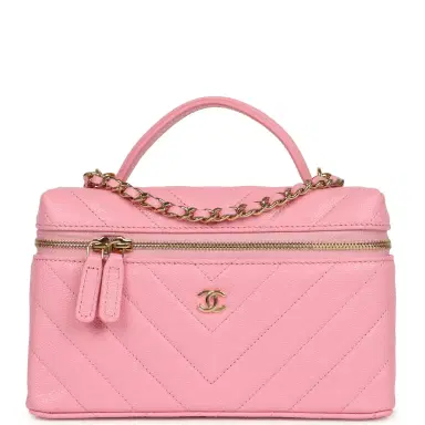 Chanel Chanel Chevron Top Handle Long Vanity Case with Chain Pink Shiny Caviar Gold Hardware | Thumbnail 1 Chanel Chanel Chevron Top Handle Long Vanity Case with Chain Pink Shiny Caviar Gold Hardware | Thumbnail 1