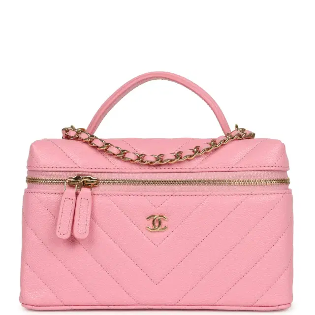Chanel Chanel Chevron Top Handle Long Vanity Case with Chain Pink Shiny Caviar Gold Hardware