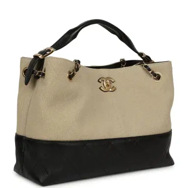 Chanel Chanel Small Coco Base Hobo Bag Beige Canvas and Black Shiny Lambskin Gold Hardware | Thumbnail 2