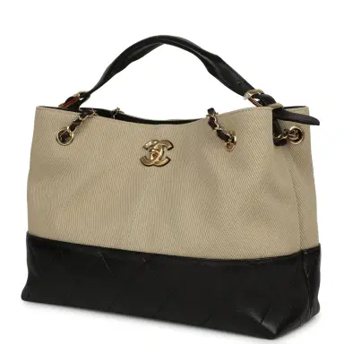 Chanel Chanel Small Coco Base Hobo Bag Beige Canvas and Black Shiny Lambskin Gold Hardware | Thumbnail 5