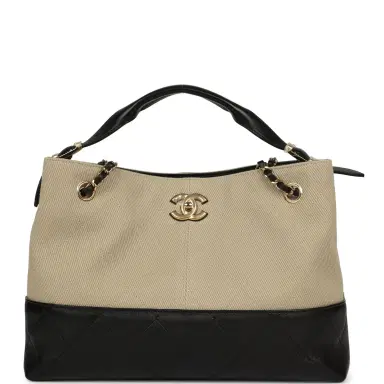 Chanel Chanel Small Coco Base Hobo Bag Beige Canvas and Black Shiny Lambskin Gold Hardware | Thumbnail 1