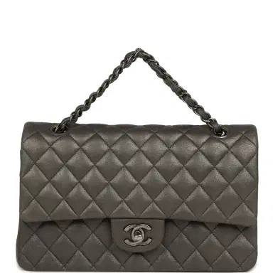 Chanel Pre-owned Chanel Medium Classic Double Flap Bag Charcoal Metallic Goatskin Aged Ruthenium Hardware | Thumbnail 7