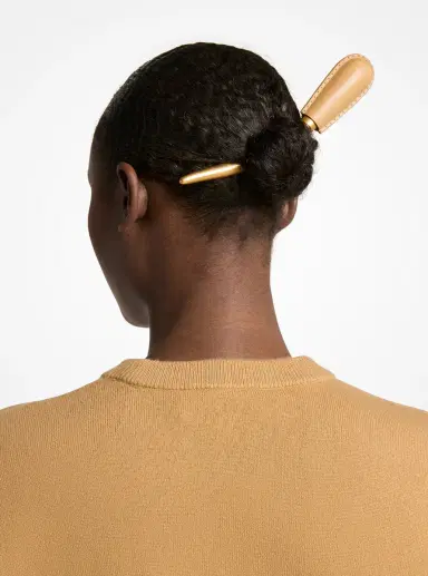 Michael Kors Collection Leather Wrapped Brass Hair Pin in Brown - One Size by Michael Kors Collection | Thumbnail 16