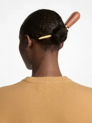 Michael Kors Collection Leather Wrapped Brass Hair Pin in Brown - One Size by Michael Kors Collection | Thumbnail 4