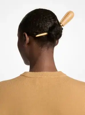 Michael Kors Collection Leather Wrapped Brass Hair Pin in Brown - One Size by Michael Kors Collection | Thumbnail 8