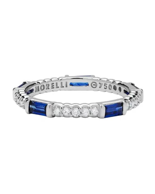 Blue Sapphire & Diamond Pinpoint Baguette Ring in 18K White Gold