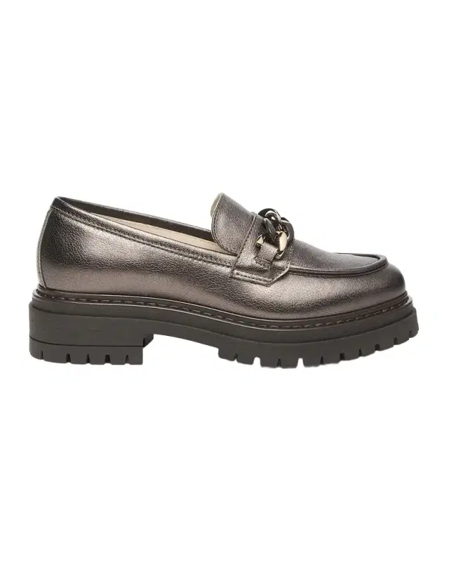 Metallic Leather Chain Lug-Sole Loafers
