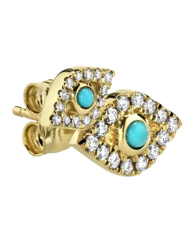 14K Small Turquoise Bezel Evil Eye Diamond Earring, Single