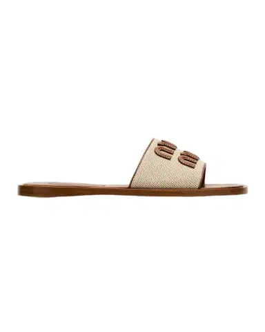 Miu Miu Canvas Logo Flat Slide Sandals | Thumbnail 1 Miu Miu Canvas Logo Flat Slide Sandals | Thumbnail 1